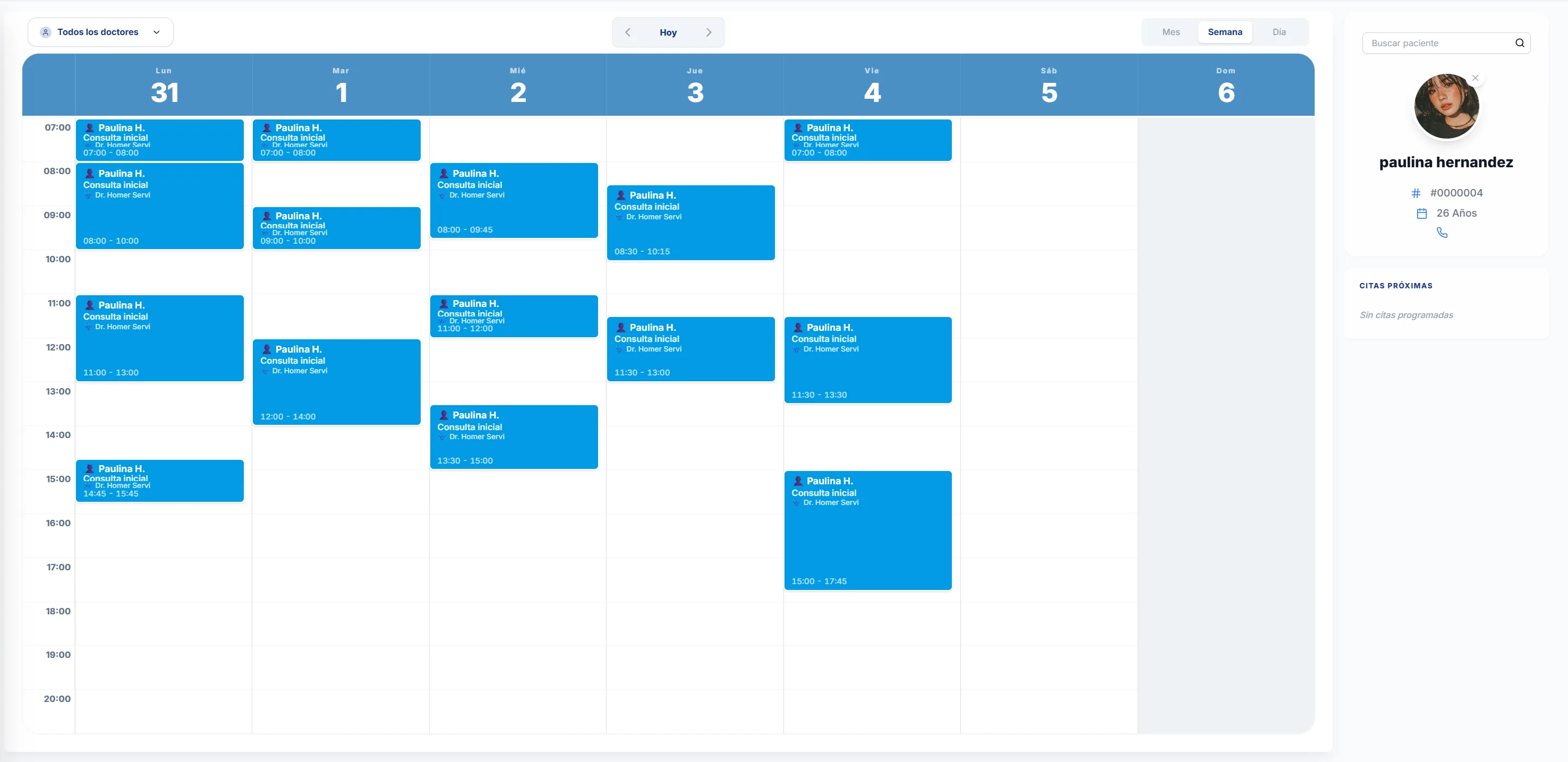 Captura de pantalla de la agenda en línea de Dentana mostrando el odontograma y citas